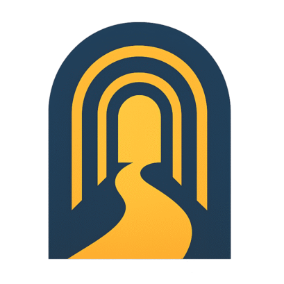 Otwarty tunel z drogą prowadzącą do złotego światła. Logo Oswoić nieznane, symbolizujące przejście od lęku do ukojenia.