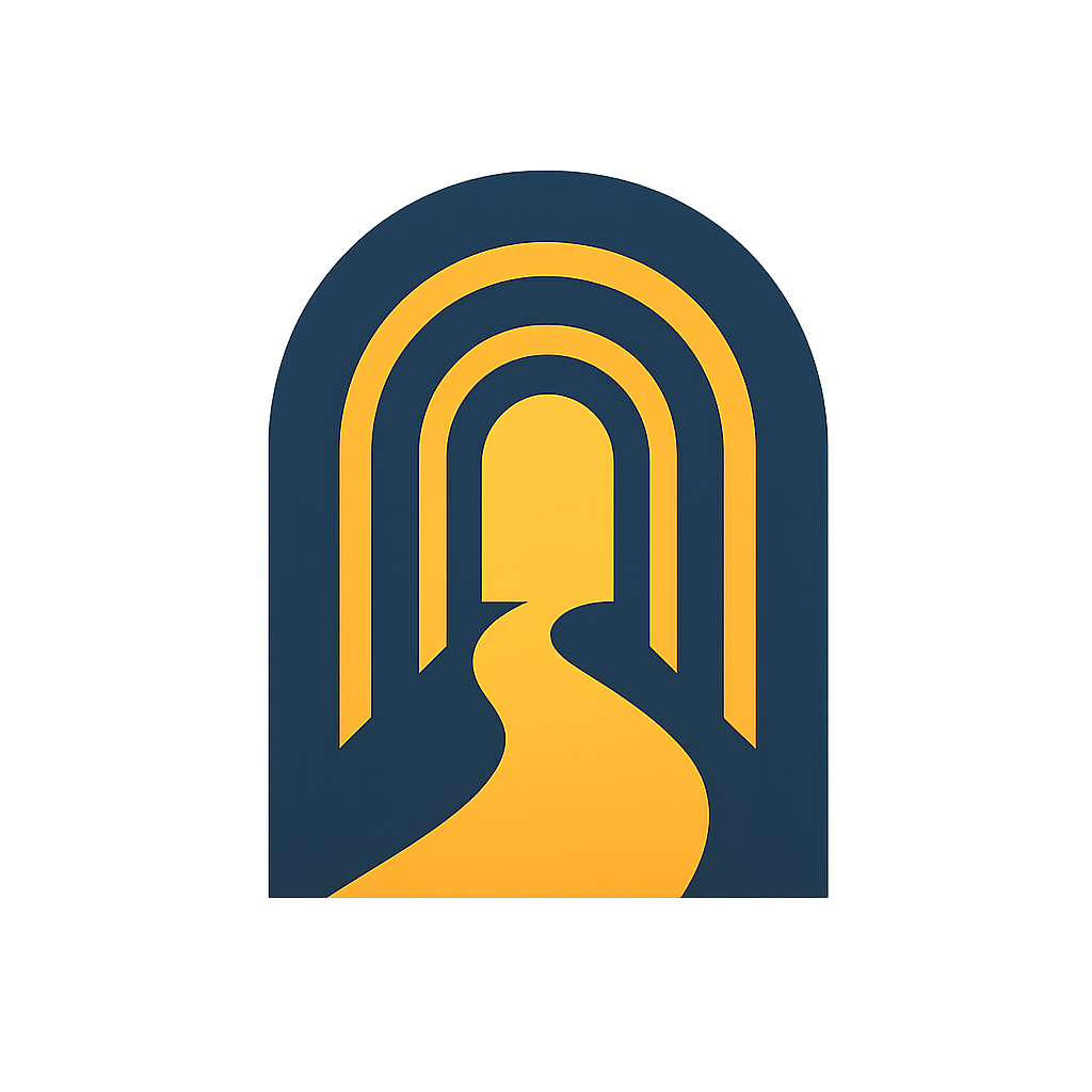 Logo Oswoić nieznane Otwarty tunel z drogą prowadzącą do złotego światła. Logo Oswoić nieznane, symbolizujące przejście od lęku do ukojenia.